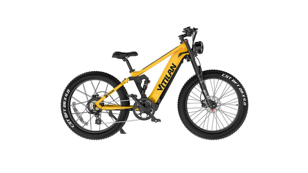 Yellow VITILAN T7 PRO electric bike with front and rear suspension and fat tyres