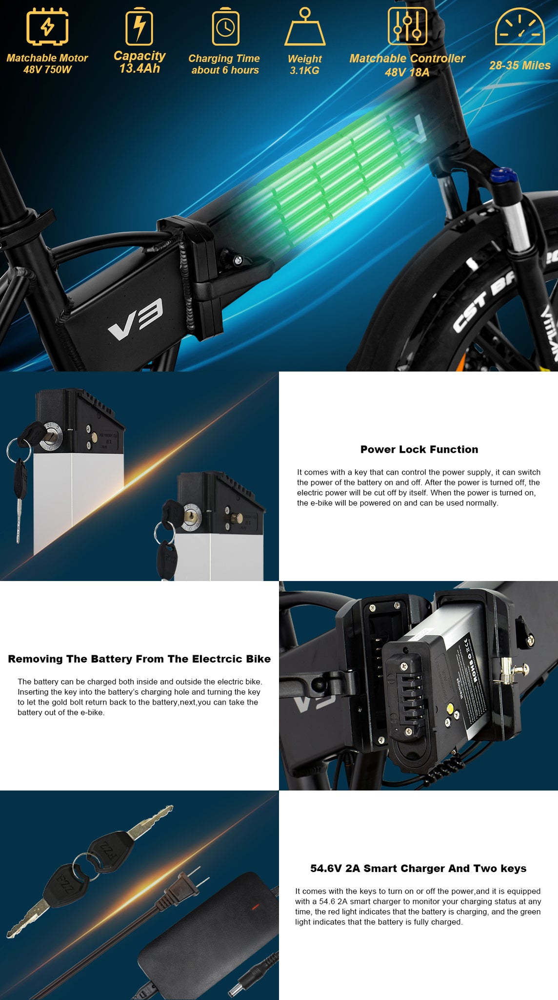 V3 Series Power Swappable Ebike Battery with Charge